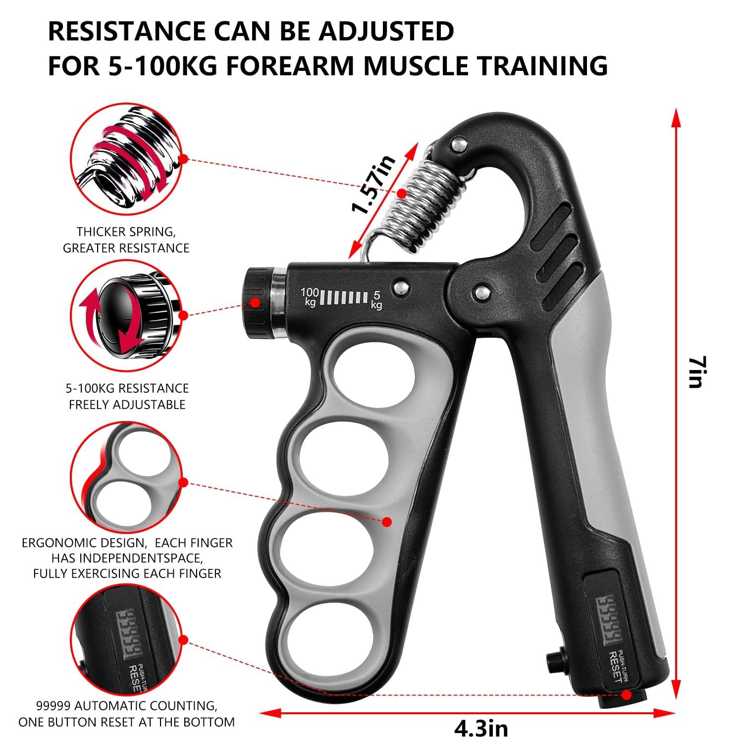 Adjustable Hand Grip Strengthener with Counter (5-100 Kg) | Power Gripper for Men & Women | Forearm | Finger and Wrist Exercise | Ideal for Gym Workouts | Home Use & Rehabilitation
