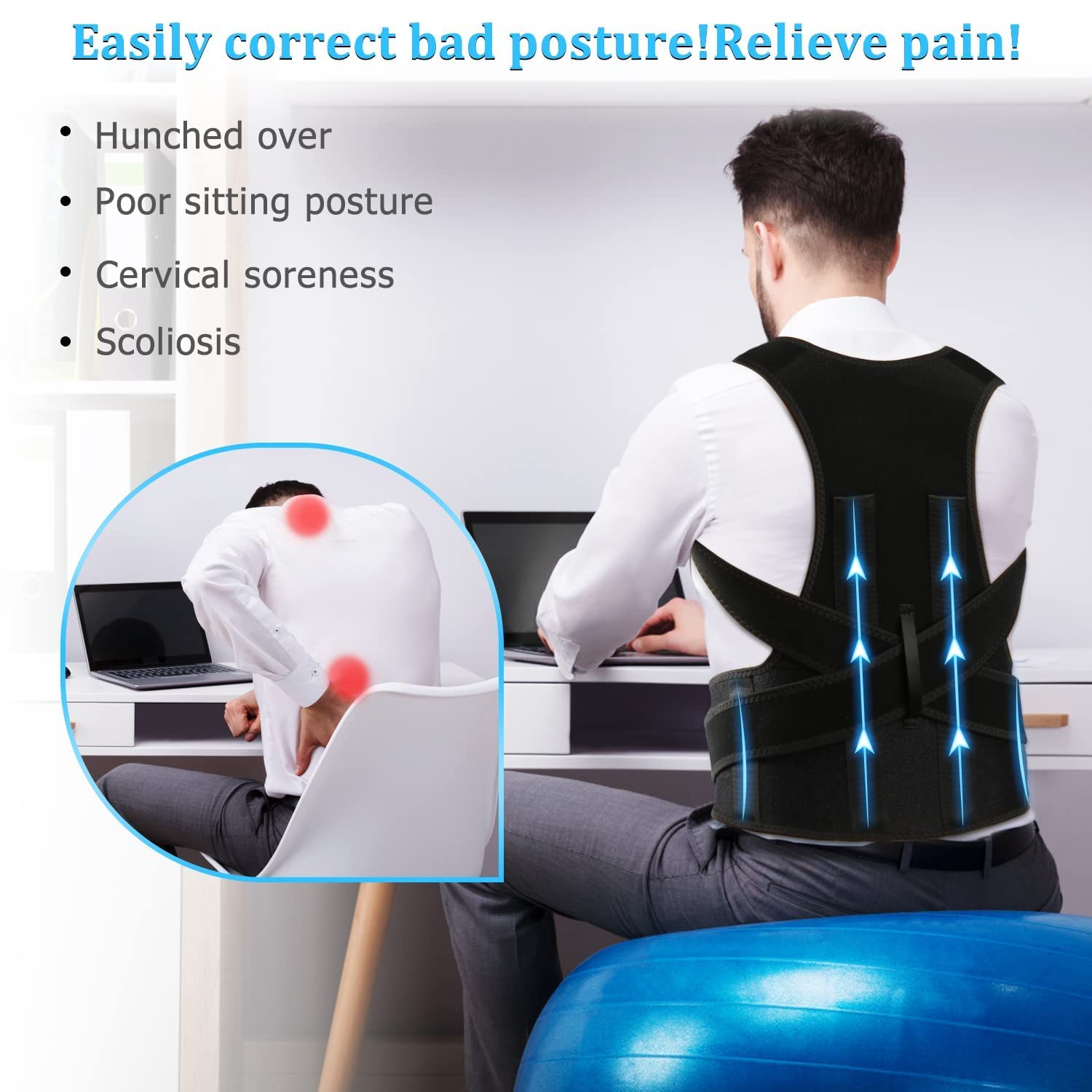 Posture Corrector Belt for Men Women - Adjustable Back Support Brace Pain Relief Spine Alignment Shoulder Straightener Universal Size Comfortable